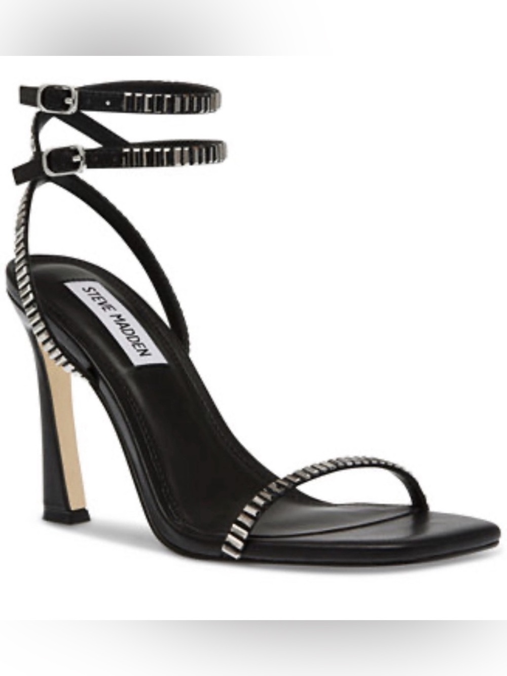 Steve Madden Black Ankle-Strap Stiletto Sandal with Silver Accents